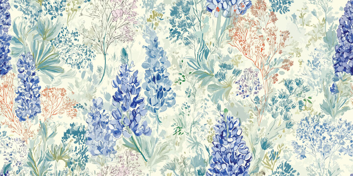 Elegant Watercolor Lupine Floral Seamless Pattern. Delicate Botanical Wildflower Nature Design trendy design, textile, packaging, fabric, wallpaper, branding, stationery, wrapping paper interior decor