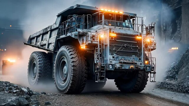 Massive mining truck in a dramatic industrial landscape, headlights on and dust rising around