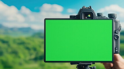 Camera with blank green screen in nature landscape, capturing vibrant scenery for creative projects and marketing needs
