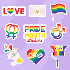 Pride Month stickers LGBTQ rainbow flag cute flat illustrations