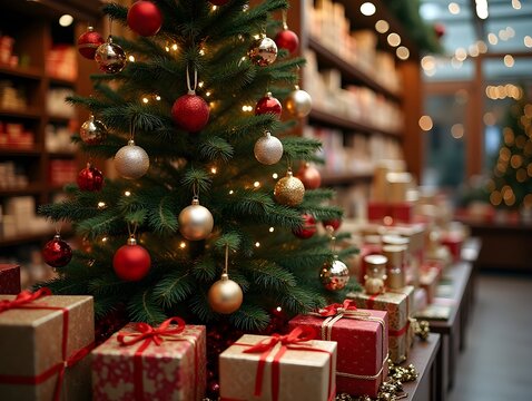 Decorated Christmas Tree with Ornaments and Gifts in a Store