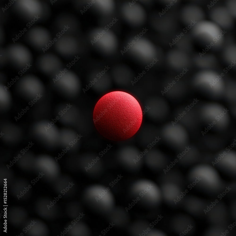 Poster striking red sphere stands out against a backdrop of textured black spheres emphasizing individualit