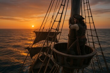 Pirate stands atop a ship's crow's nest at sunset, gazing over the ocean horizon with sails billowing