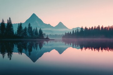 Majestic Triangular Mountain Peaks Reflected Calm Lake Sunrise Symmetry