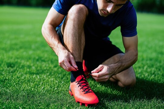 Athlete tying soccer cleats on green grass field before training or match