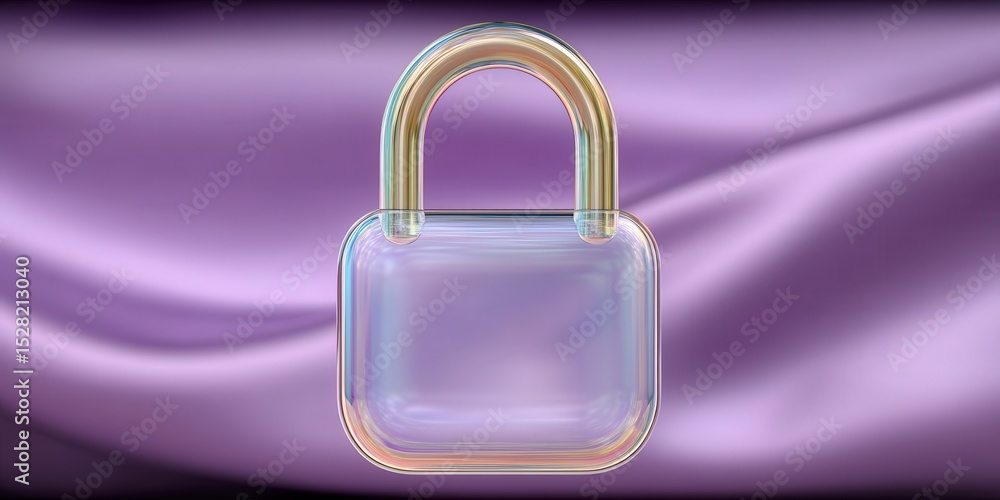 Poster transparent padlock on soft purple silk background symbolizing security and protection in digital sp