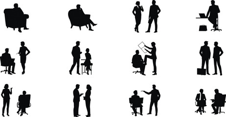 Silhouettes of Business People Sitting, Talking, Presenting in Office Environment, Vector Illustration for Meeting, Collaboration, Discussion, Workplace Concept