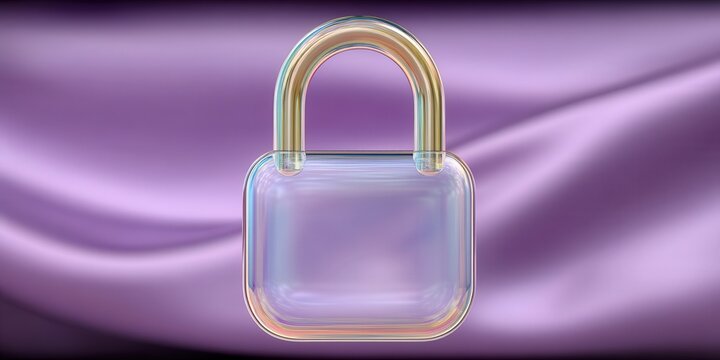 Transparent padlock on soft purple silk background symbolizing security and protection in digital spaces enhancing the concept of trust and safety in abstract imagery