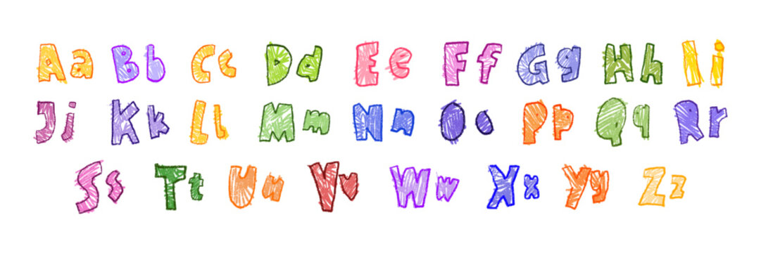 Kindergarten kids alphabet, hand drawn chalk scribble font, cartoon cute childish ABC letter print. Playful wax crayon scratch graffiti, colorful pencil education decor. School kids alphabet design