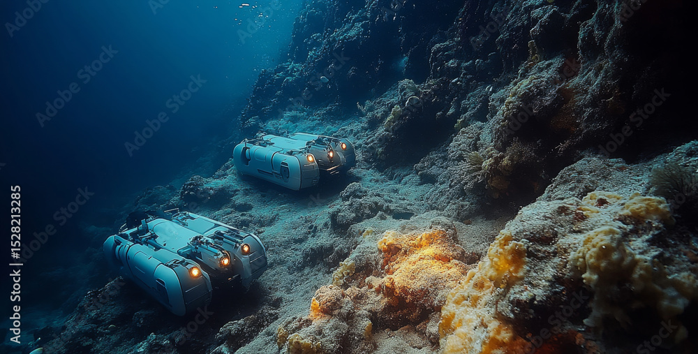 Poster Two advanced underwater robots navigate the ocean floor, examining the rocky terrain and marine life. This exploration highlights the importance of technology in studying deep-sea environments.