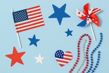Patriotic decorations featuring the American flag, stars, beads, and a pinwheel in red, white, and blue on a light blue background.