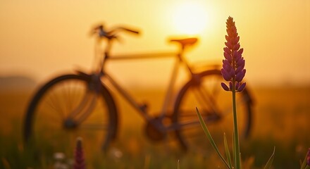Naklejka premium Bicycle with sunset in field and lavender flowers in foreground 