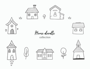 Home doodles collection vector set. Simple and cute houses cartoon clip art illustration for material, asset, graphic element, design, coloring book, decoration, wallpaper