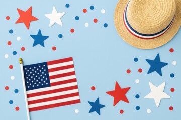 Obraz premium A flat lay featuring an American flag, patriotic red, white, and blue star cutouts, confetti, and a straw hat with a red, white, and blue band on a light blue background.
