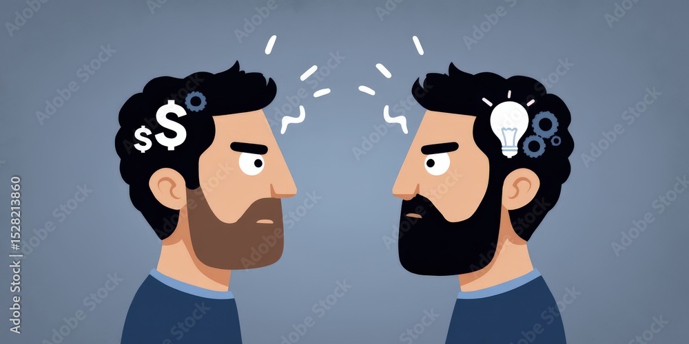 Poster two men engaged in a heated debate embodying contrasting perspectives on finance and creativity depi