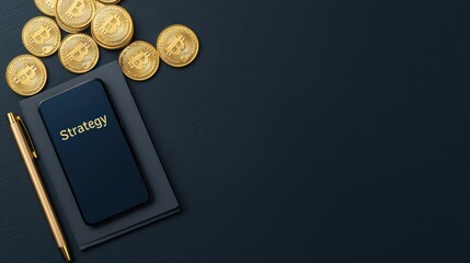 Mobile Phone with Strategy Note and Gold Coins on Dark Background for Financial Planning and Cryptocurrency Investment
