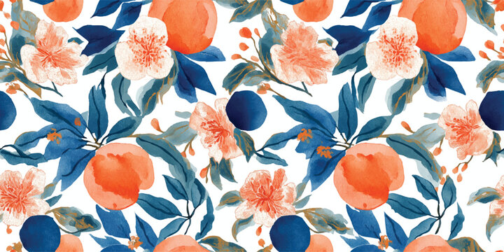 Elegant Watercolor Peach Floral Seamless Pattern. Vintage Botanical Fruit Nature Design for trendy design, textile, packaging, fabric, wallpaper, branding, stationery, wrapping paper interior decor.