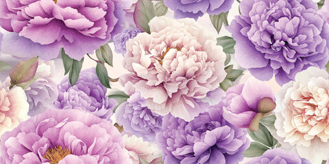 Luxurious Watercolor Peony Floral Seamless Pattern. Elegant Bloom Botanical Design for trendy design, textile, packaging, fabric, wallpaper, branding, stationery, wrapping paper interior decor.