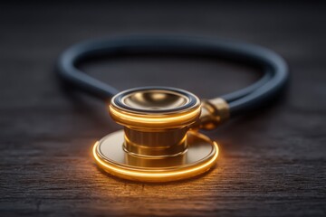 A stunning close-up of a modern gold stethoscope showcasing advanced medical technology against a rich wooden background emphasizing healthcare innovation and professional precision
