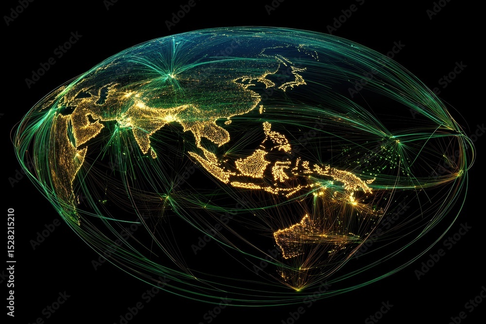 Poster global digital connections illuminate the earth with vibrant networks and data flow across continent