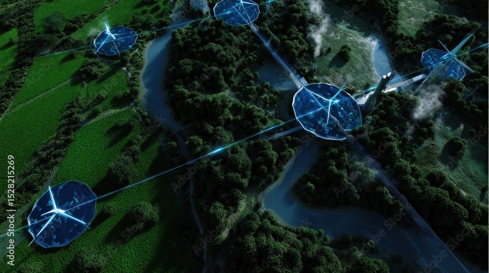 Poster an aerial view of a futuristic landscape with multiple bionic leaf reactors integrated into a green 