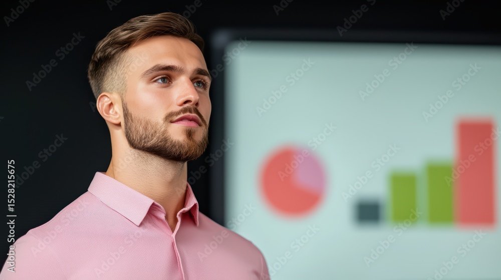 Poster professional businessman in focus during presentation with graphs displayed in background for corpor
