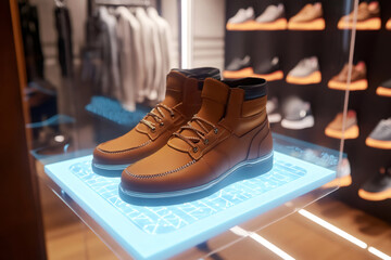 Brown leather boots displayed on an interactive fitting room surface, showcasing augmented reality technology in a retail shoe store