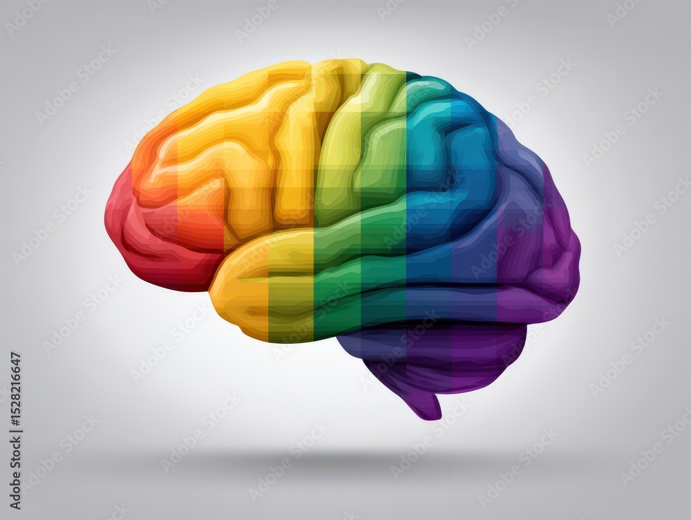 Poster brightly colored abstract representation of a human brain symbolizing creativity intelligence and di