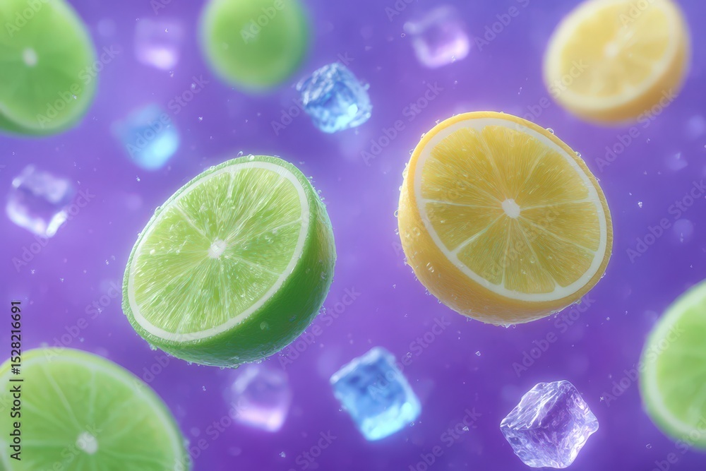 Poster freshly sliced lemon and lime floating above icy cubes surrounded by bubbles against a vibrant purpl