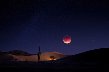 Total Lunar Eclipse Over Vast Desert with Red Moon Glow