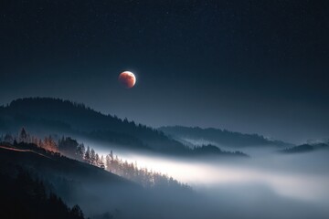 Lunar Eclipse Over Misty Mountains with Starry Sky and Fog