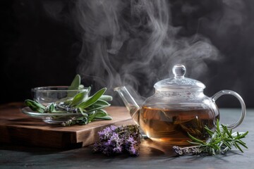 Contemporary Herbal Tea Setup with Glass Teapot and Aromatic Herbs