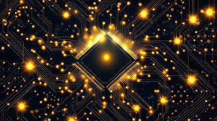 Close-up view of a circuit board with highlighted pathways.