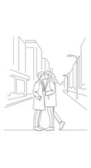Gay couple kissing on a city street in a romantic mood with a modern urban background