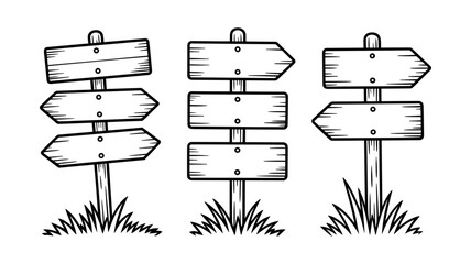 Blank Hand Drawn Vintage Wooden Signpost Arrow Set Vector Illustration for Hiking or Camping