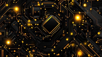 Detailed circuit board design with glowing orange lines.