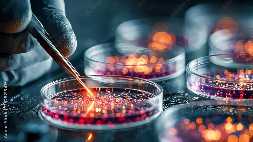 Poster close-up of a scientist using a precision tool to interact with a glowing pink substance in a petri 