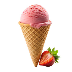 Delicious Strawberry Ice Cream in a Waffle Cone on Transparent Background