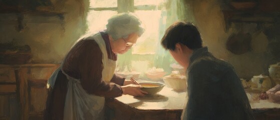 Elderly Woman Serving Warm Soup To Tired Young Man