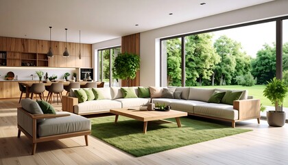 Modern living room with green garden view.