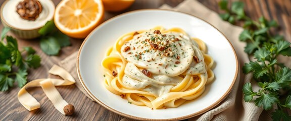 Handmade tagliatelle pasta with creamy truffle alfredo sauce, italian, sprinkles