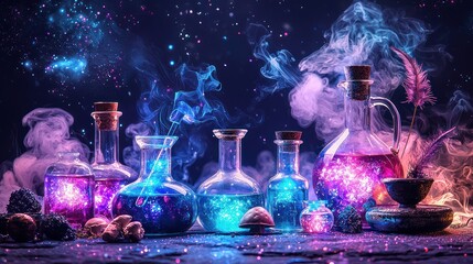 Mystic laboratory bottles, glowing liquids, smoke, magic