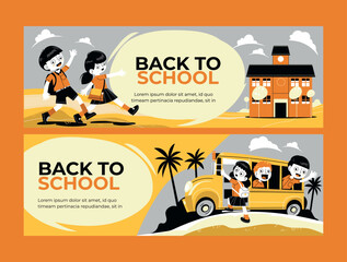 Back to School Horizontal banner Collection with School Bus Yellow and Students
