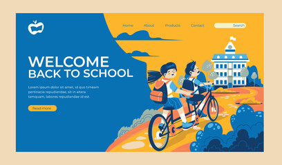 Back to School Landing Page Design Collection with Students Ride a Bicycle Going to School