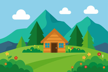 Fototapeta premium Vector illustration of a vibrant summer rural landscape with mountains, trees, and a cozy village house under a clear sky