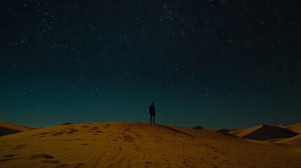A lone figure stands amidst the desert sands under a starlit sky.