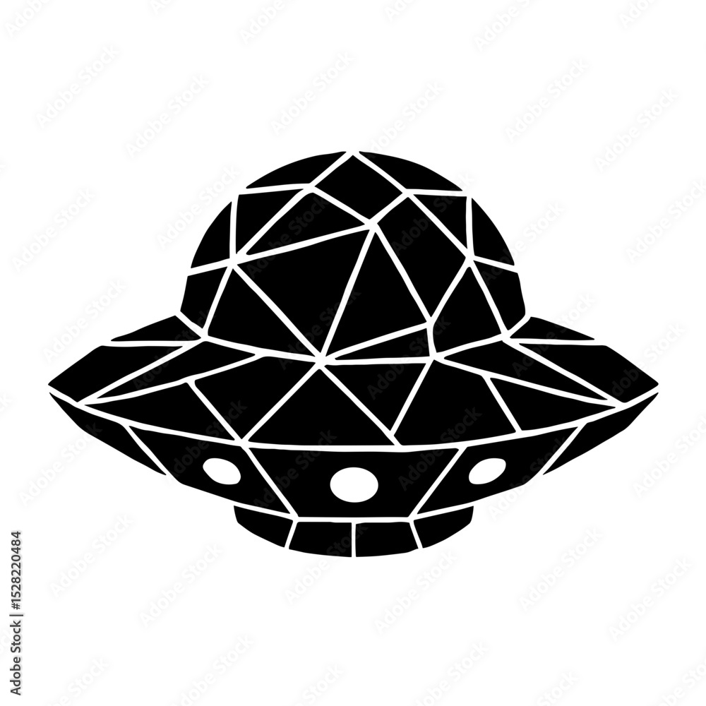 Poster a geometric representation of a classic flying saucer, set against a clean background, creating a fu