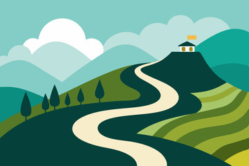 Green landscape with a road winding through hills and mountains under a summer sky