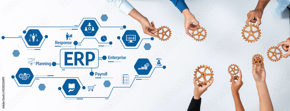 Leinwandbilder A visually engaging representation of hands working together with gears, showcasing collaborative efforts in implementing ERP solutions for improved business processes. Amity