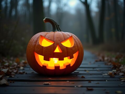 Spooky Halloween Pumpkin on Wooden Path